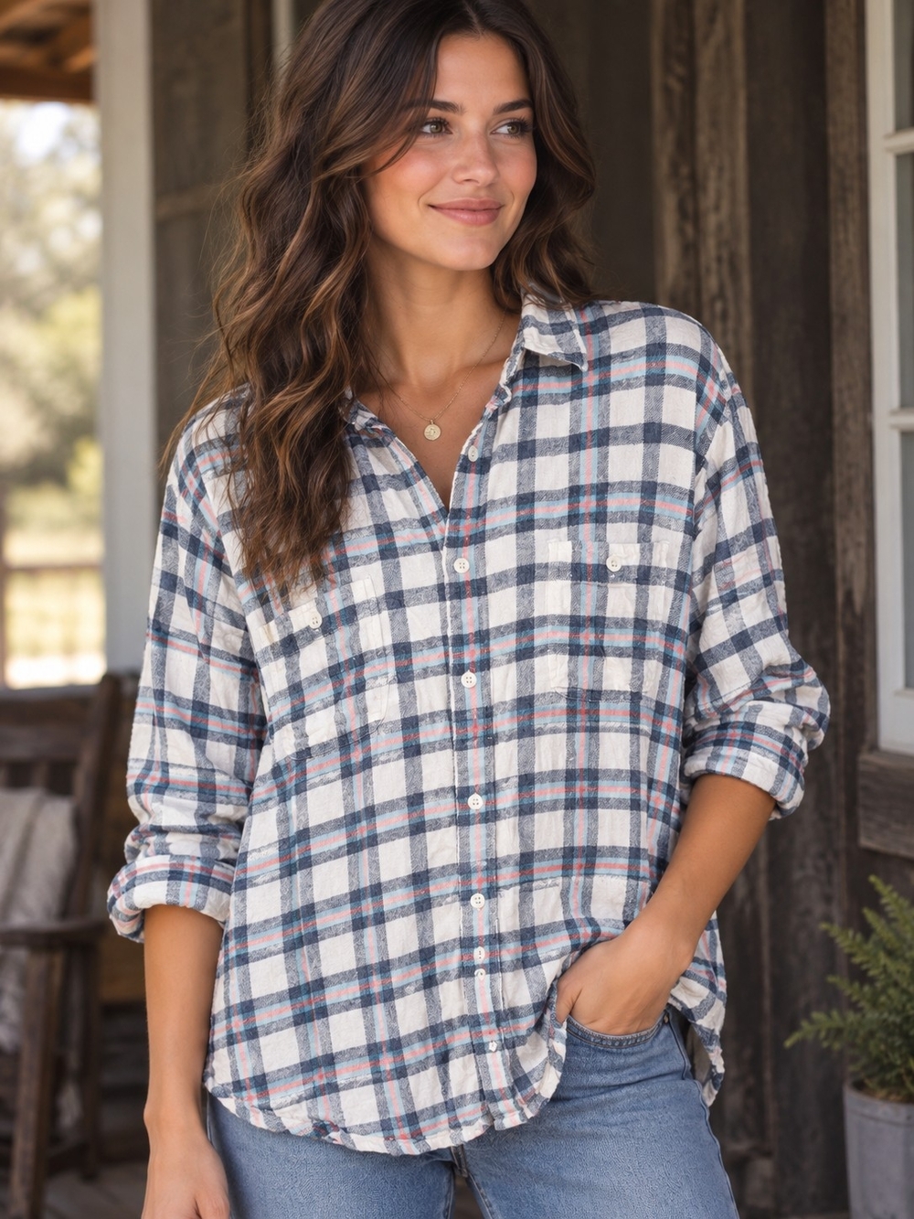 Faherty Cream Plaid Button-Down Shirt with Blue & Rust Accents